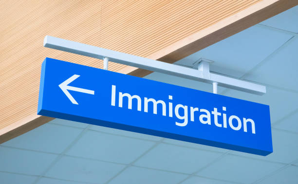 Immigration sign in airport. Airport inscription pointer. Immigration concept photo. Passport control sign with arrow pointer. Official service signpost. Immigration issue banner template