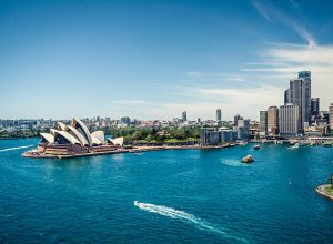 Sydney Opera House and Circular quay, ferry terminus, from the harbour bridge.