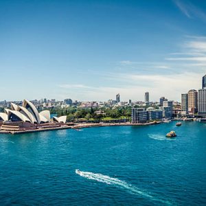 Sydney Opera House and Circular quay, ferry terminus, from the harbour bridge.